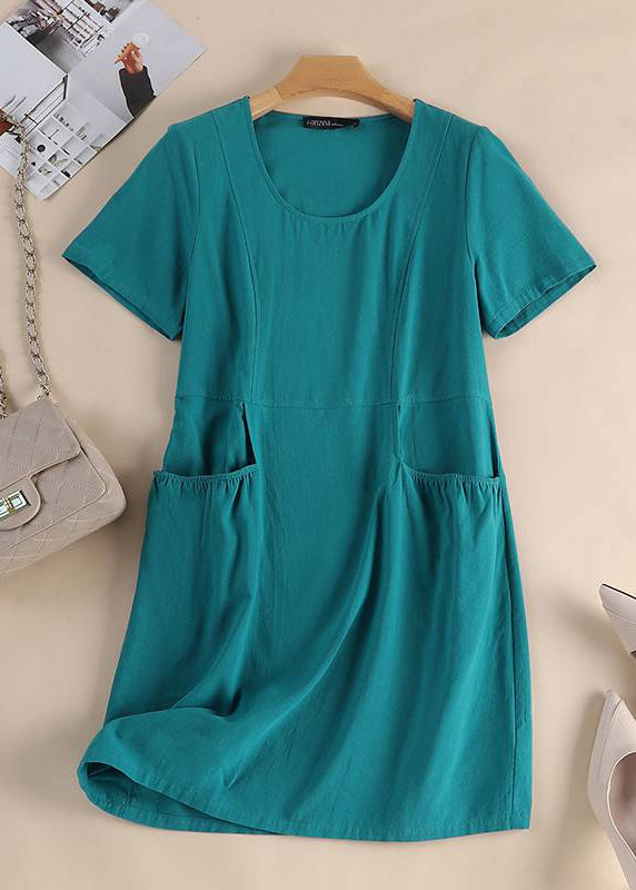 Organic Yellow Patchwork Pockets Solid Long Dress Short Sleeve