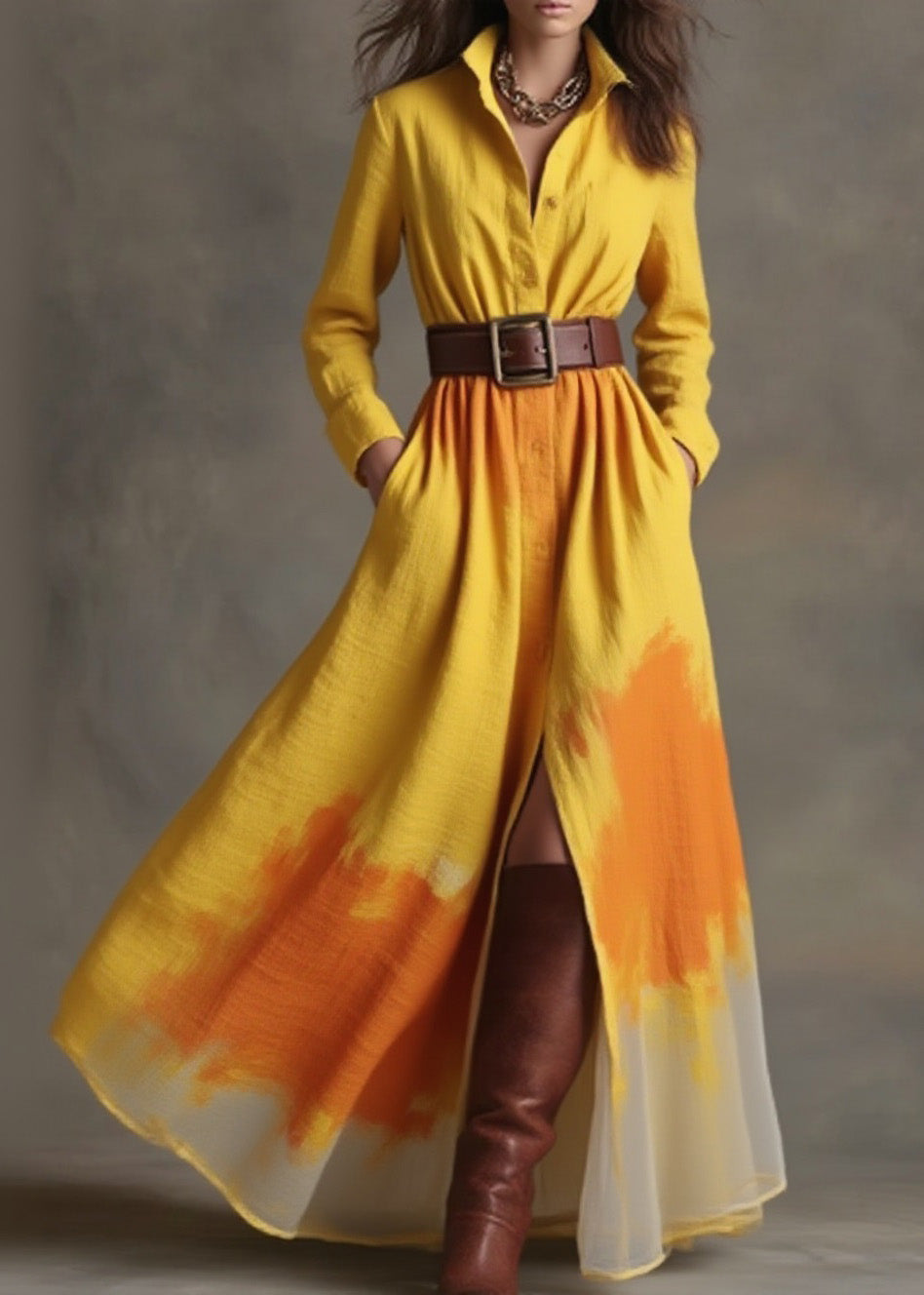 Organic Yellow Peter Pan Collar Print Cotton Ankle Dress Spring