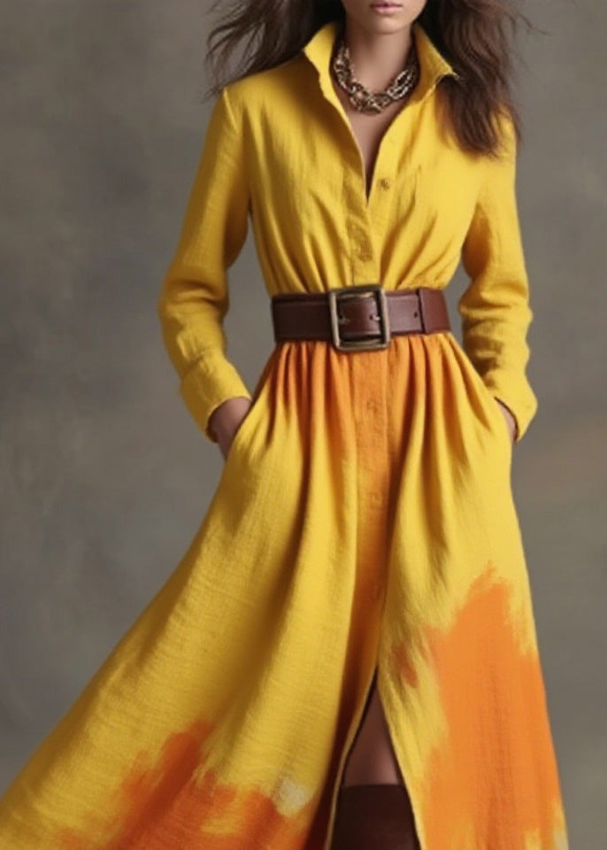 Organic Yellow Peter Pan Collar Print Cotton Ankle Dress Spring