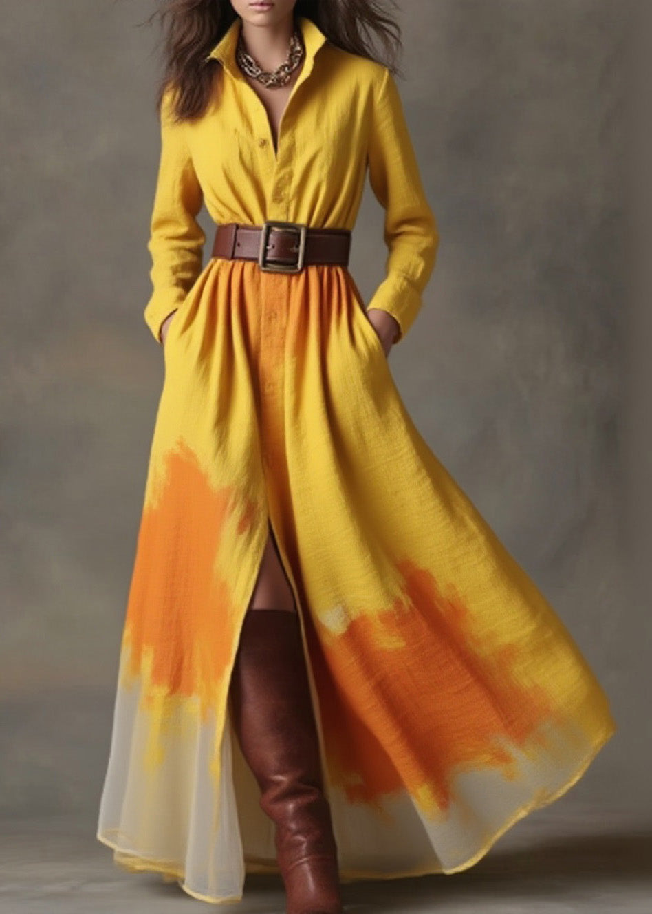 Organic Yellow Peter Pan Collar Print Cotton Ankle Dress Spring