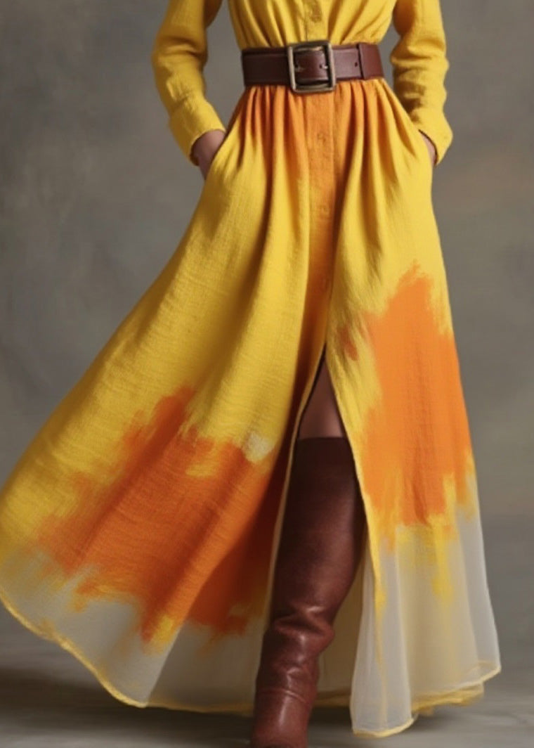 Organic Yellow Peter Pan Collar Print Cotton Ankle Dress Spring