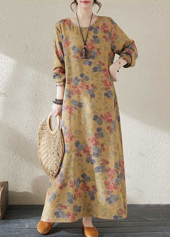 Organic Yellow Print Cozy Long Dresses Spring