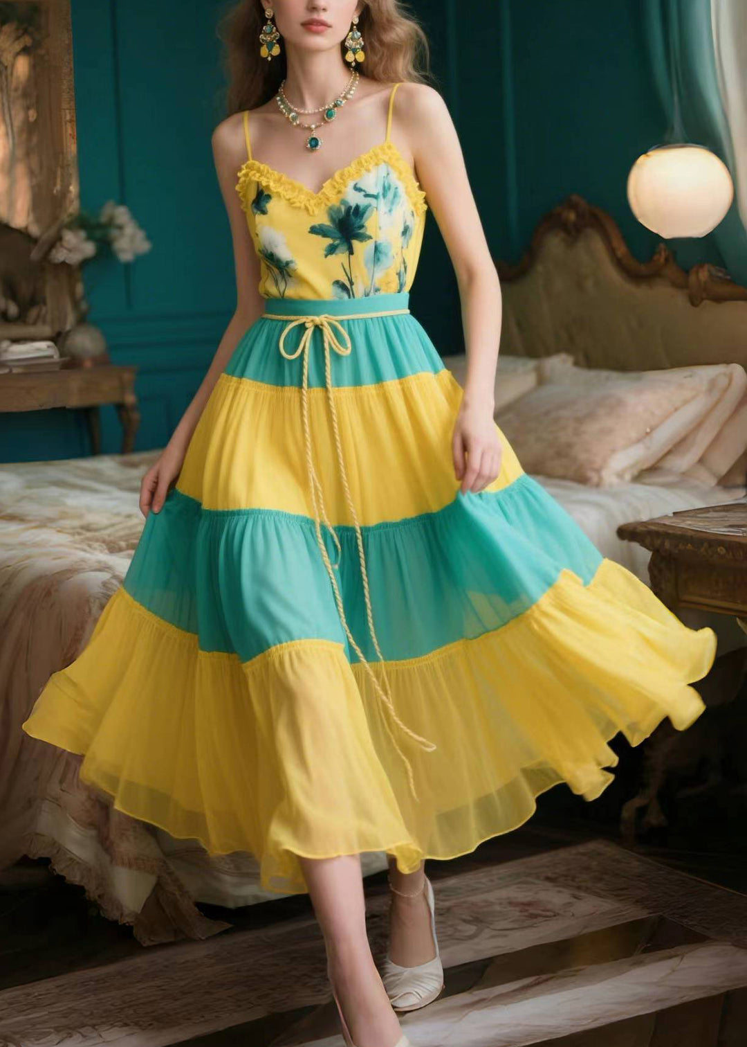 Organic Yellow Ruffled Patchwork Chiffon Spaghetti Strap Dress Summer