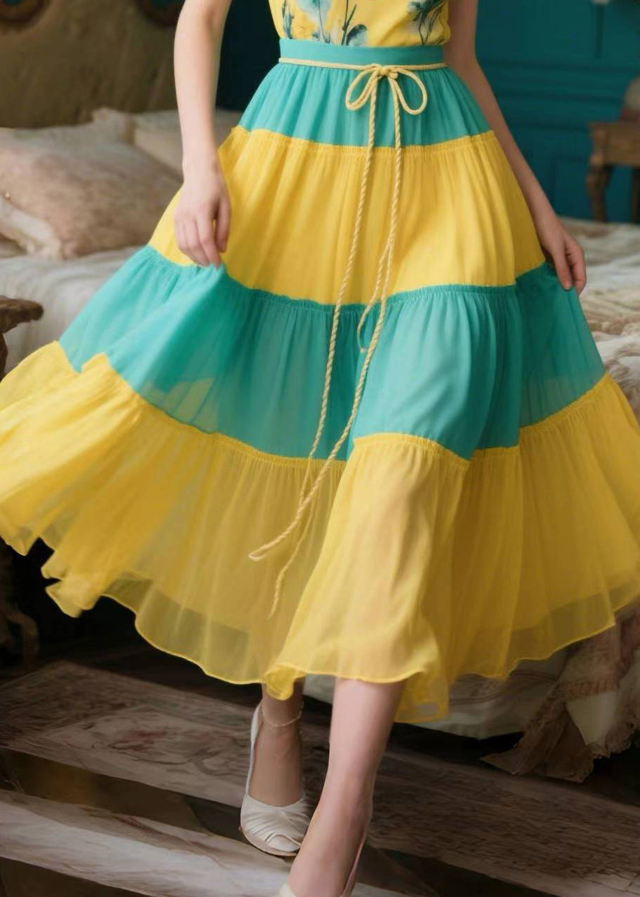 Organic Yellow Ruffled Patchwork Chiffon Spaghetti Strap Dress Summer