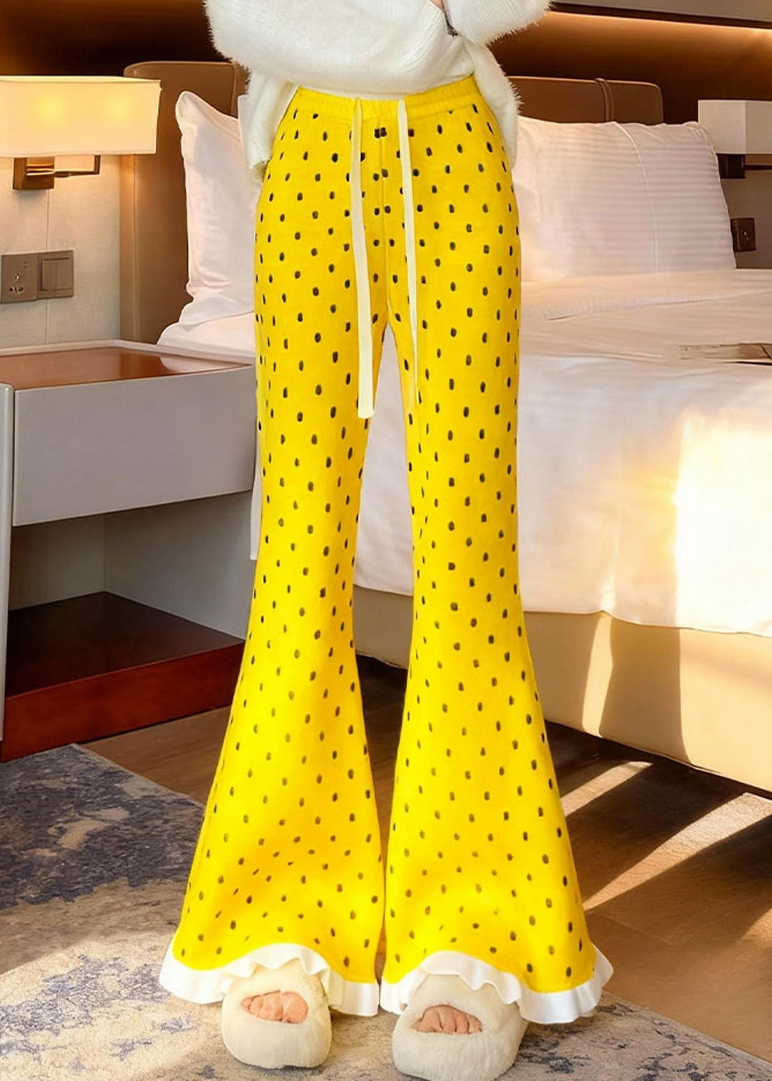 Organic Yellow Ruffled Print Knit Flare Bottoms Pants Winter