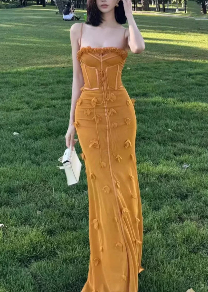 Organic Yellow Ruffled Tulle Patchwork Floral Maxi Vestidos Sleeveless