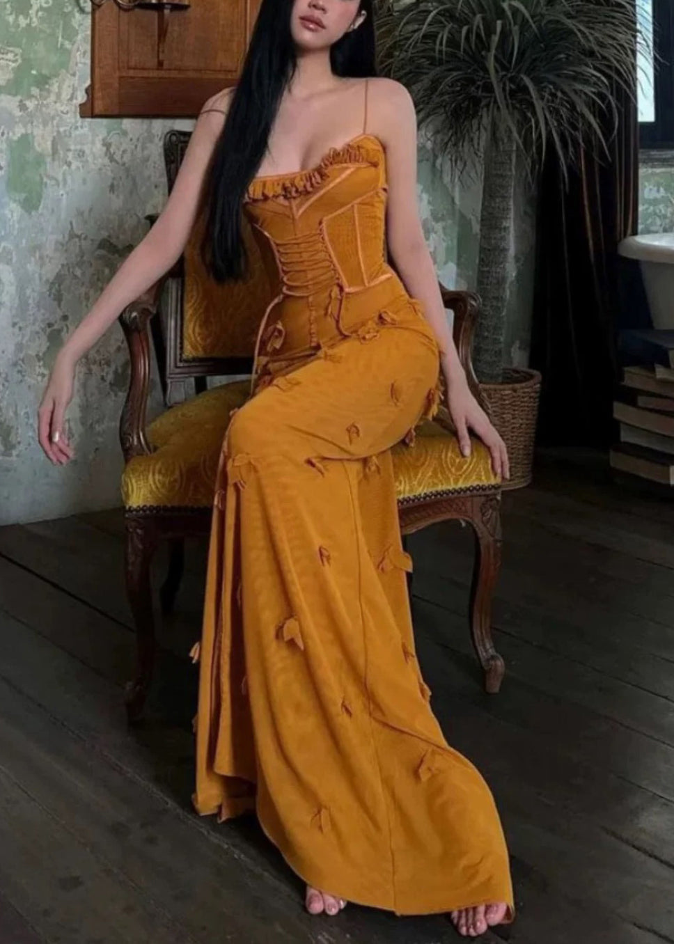 Organic Yellow Ruffled Tulle Patchwork Floral Maxi Vestidos Sleeveless