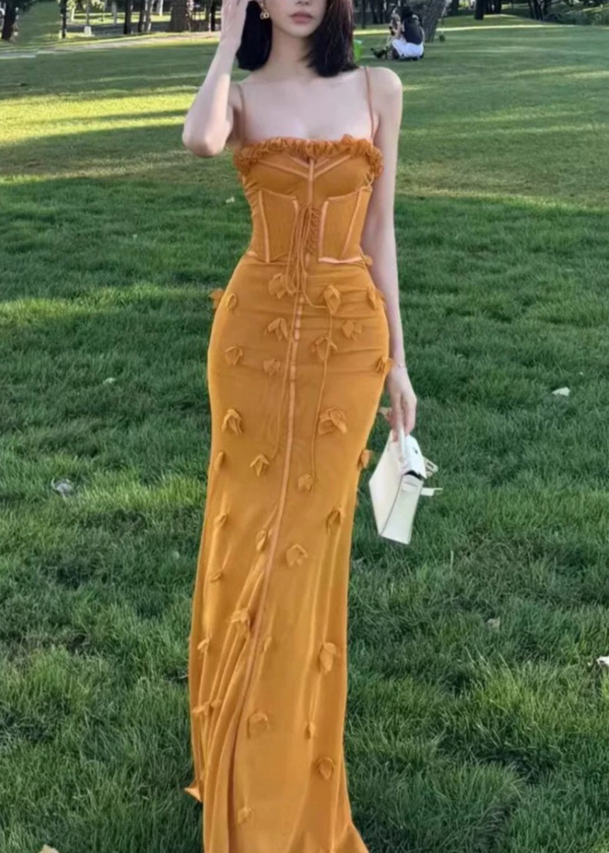 Organic Yellow Ruffled Tulle Patchwork Floral Maxi Vestidos Sleeveless