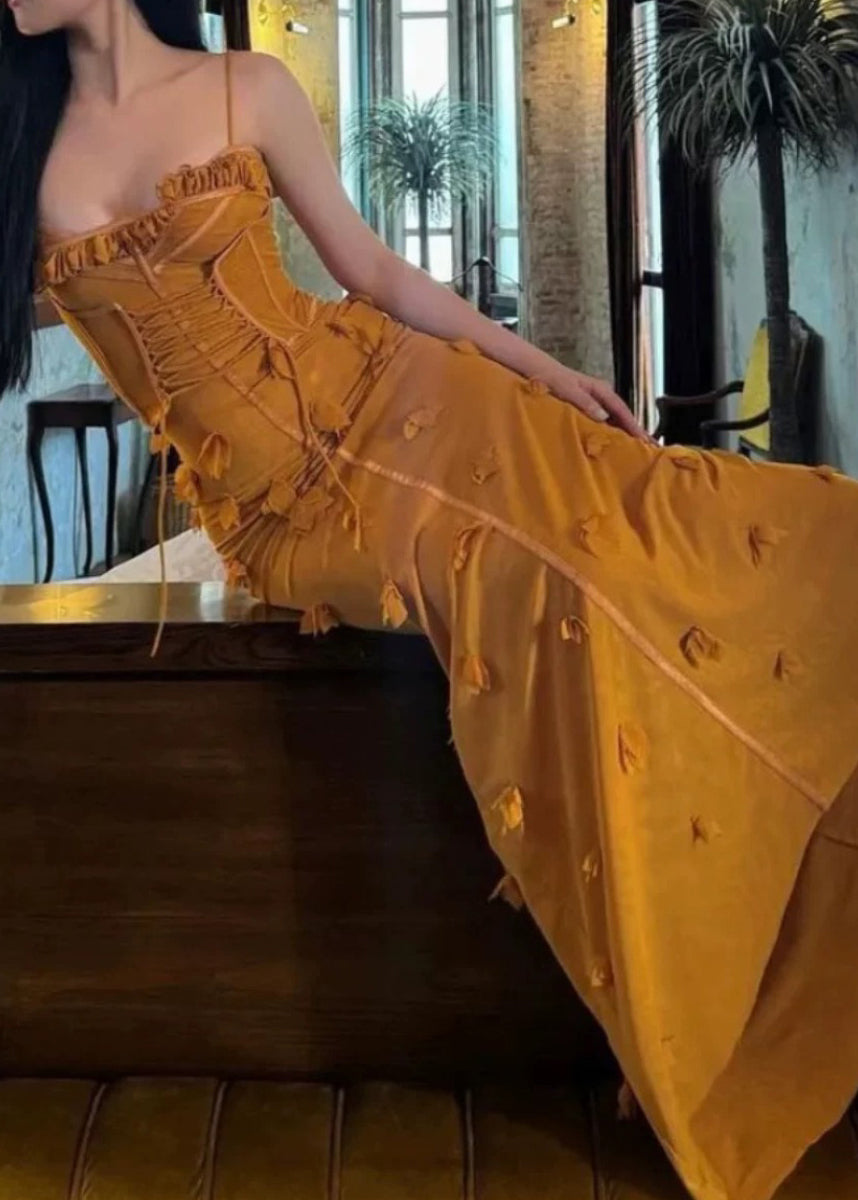 Organic Yellow Ruffled Tulle Patchwork Floral Maxi Vestidos Sleeveless