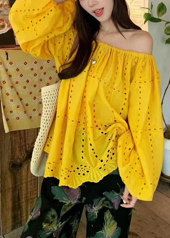 Organic Yellow Slash Neck Hollow Out Shirt Fall