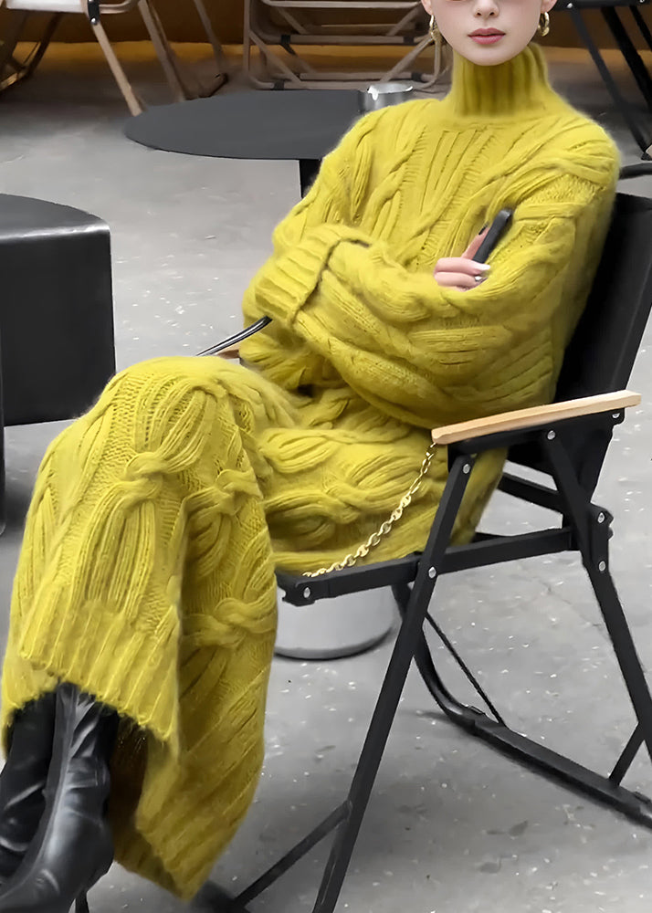 Organic Yellow Turtleneck Tunic Cotton Knit Long Sweater Dress Fall