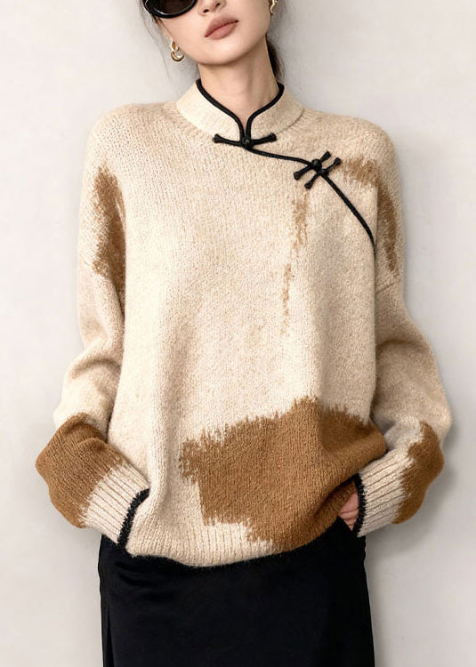 Original Beige Stand Collar Patchwork Knit Sweaters Winter