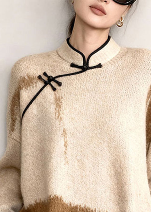 Original Beige Stand Collar Patchwork Knit Sweaters Winter