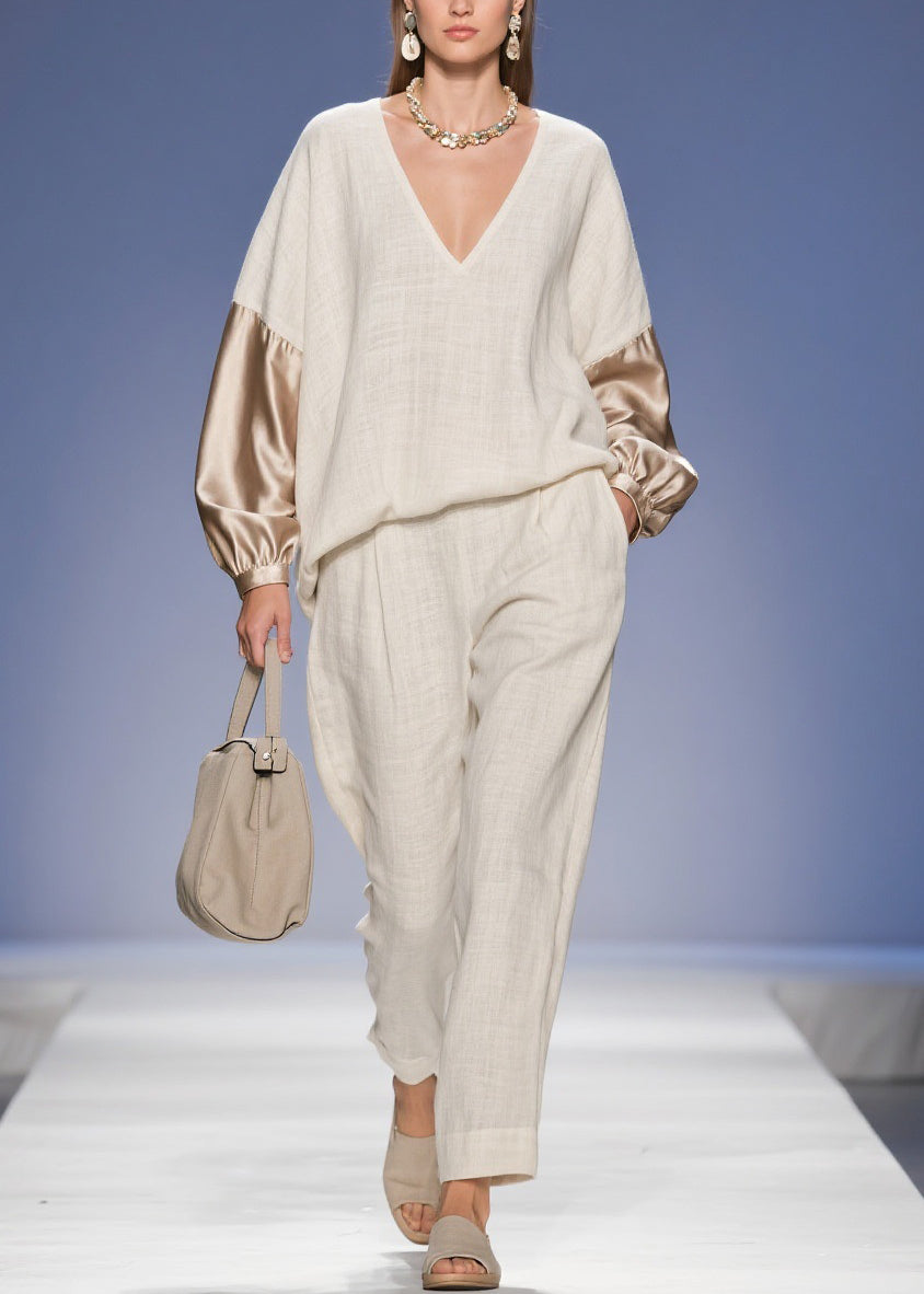 Original Beige V Neck Pockets Silk Patchwork Two Piece Set Spring