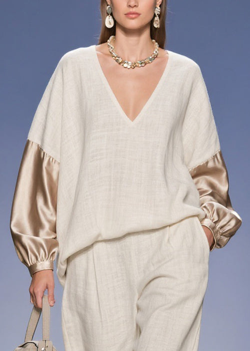 Original Beige V Neck Pockets Silk Patchwork Two Piece Set Spring