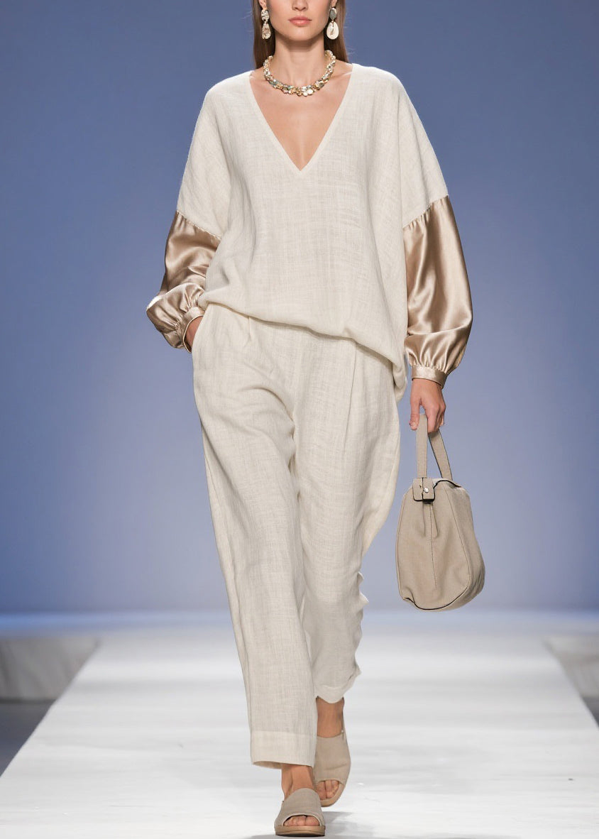 Original Beige V Neck Pockets Silk Patchwork Two Piece Set Spring