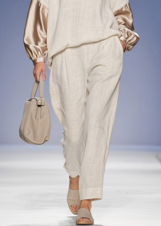 Original Beige V Neck Pockets Silk Patchwork Two Piece Set Spring