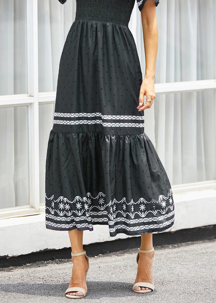 Original Black O Neck Print Dot Cotton Long Dresses Summer