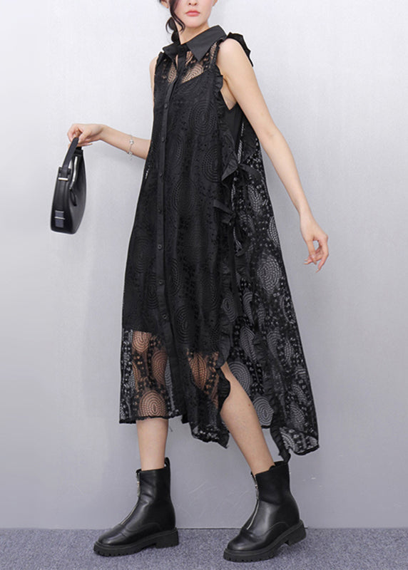 Original Black Peter Pan Collar Hollow Out Lace Maxi Dress Summer