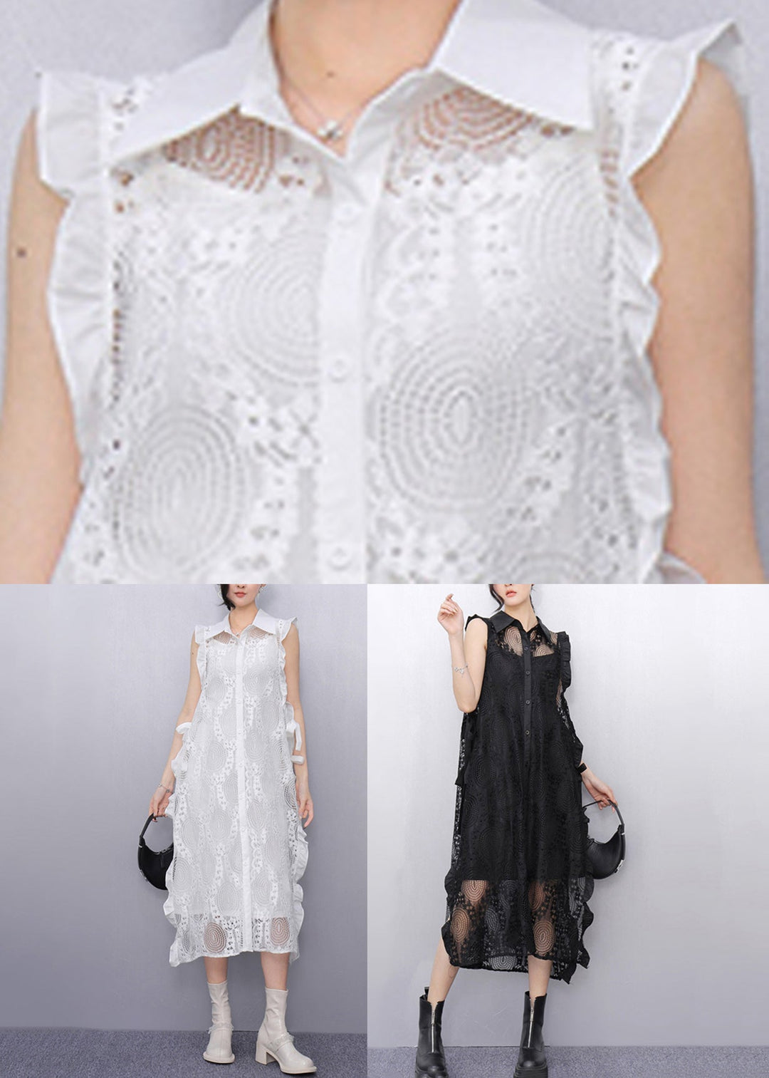 Original Black Peter Pan Collar Hollow Out Lace Maxi Dress Summer