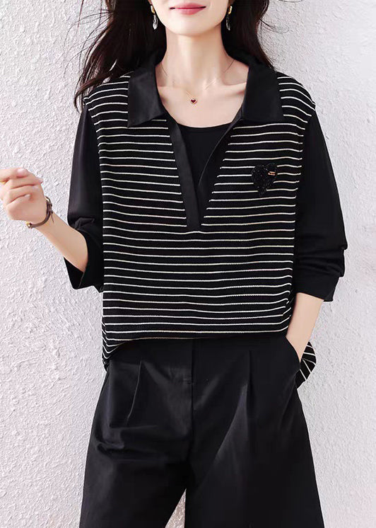 Original Black Peter Pan Collar Striped Patchwork Cotton Shirt Fall