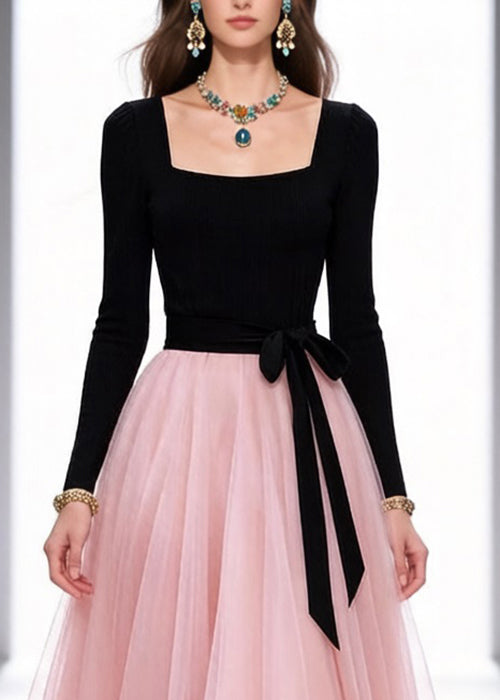 Original Black Square Collar Tie Waist Tulle Patchwork Long Dresses Spring - Omychic