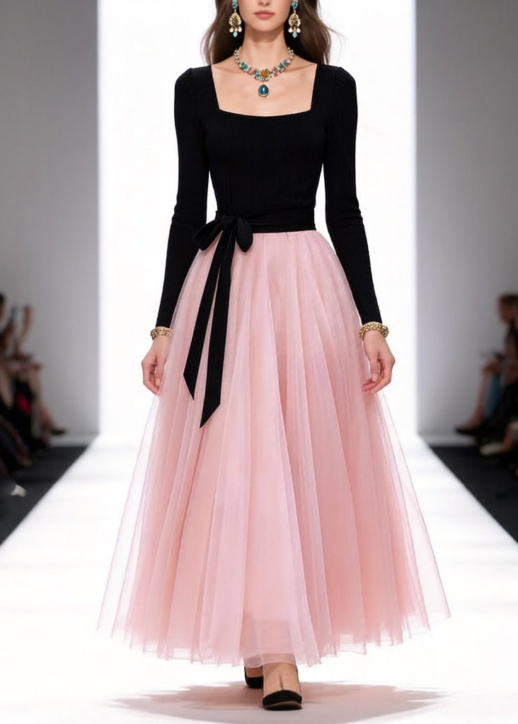 Original Black Square Collar Tie Waist Tulle Patchwork Long Dresses Spring - Omychic