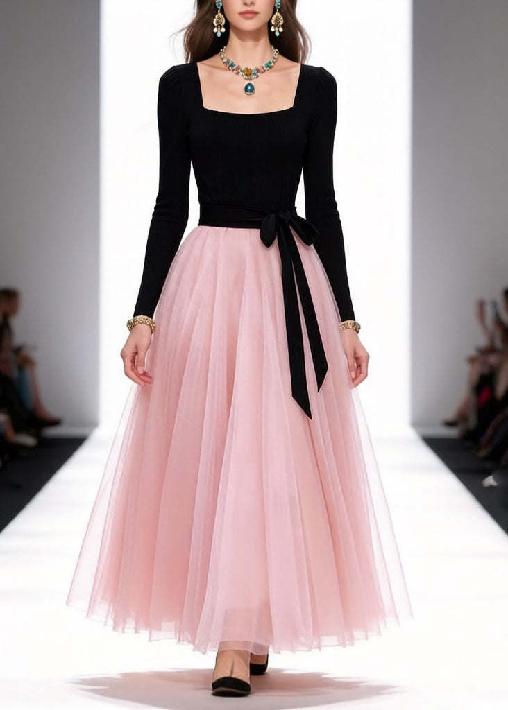 Original Black Square Collar Tie Waist Tulle Patchwork Long Dresses Spring - Omychic