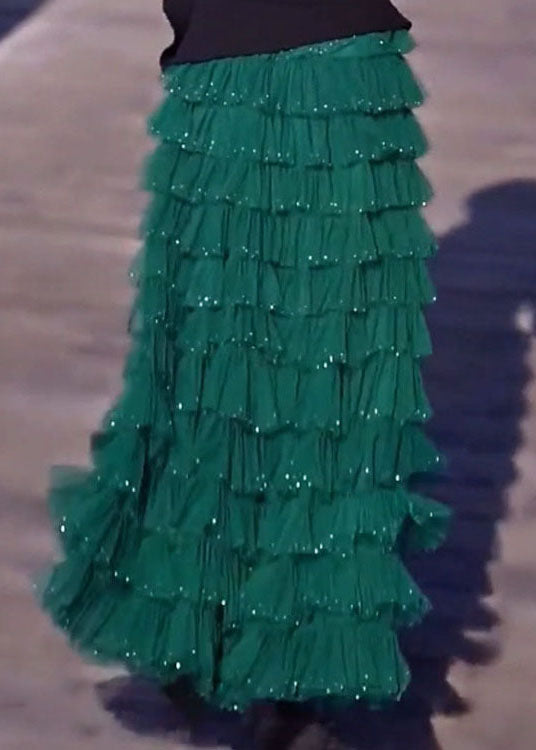 Original Blackish Green Layered Ruffled Patchwork Tulle Skirts Spring