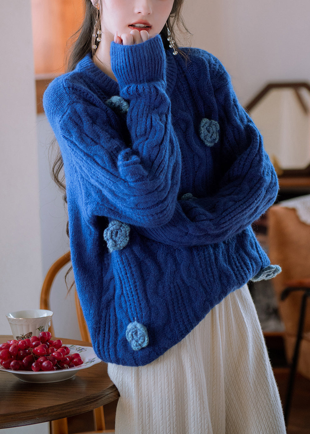 Original Blue O Neck Floral Cozy Knit Sweater Winter