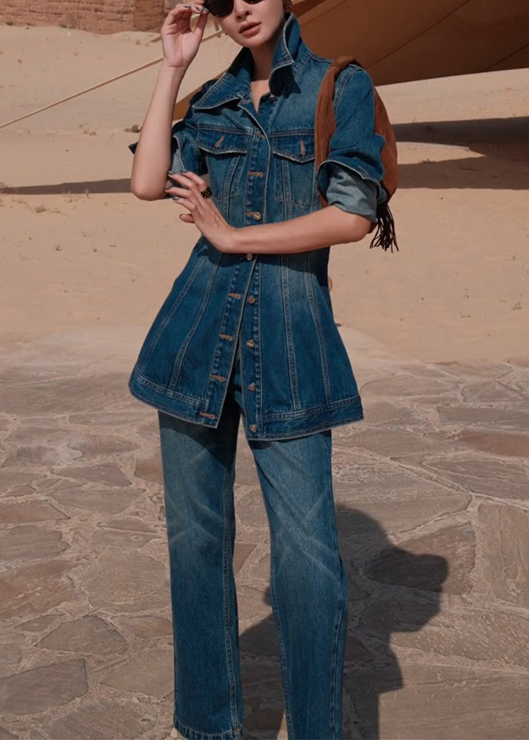 Original Blue Peter Pan Collar Button Denim Two Pieces Set Fall