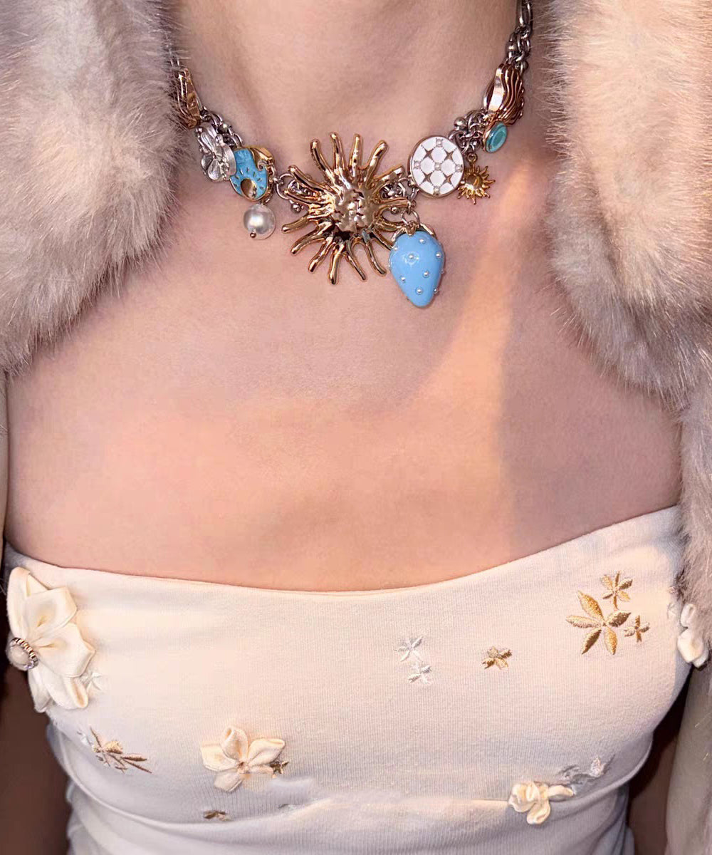 Original Blue Stainless Steel Strawberry Sun Pendant Necklace