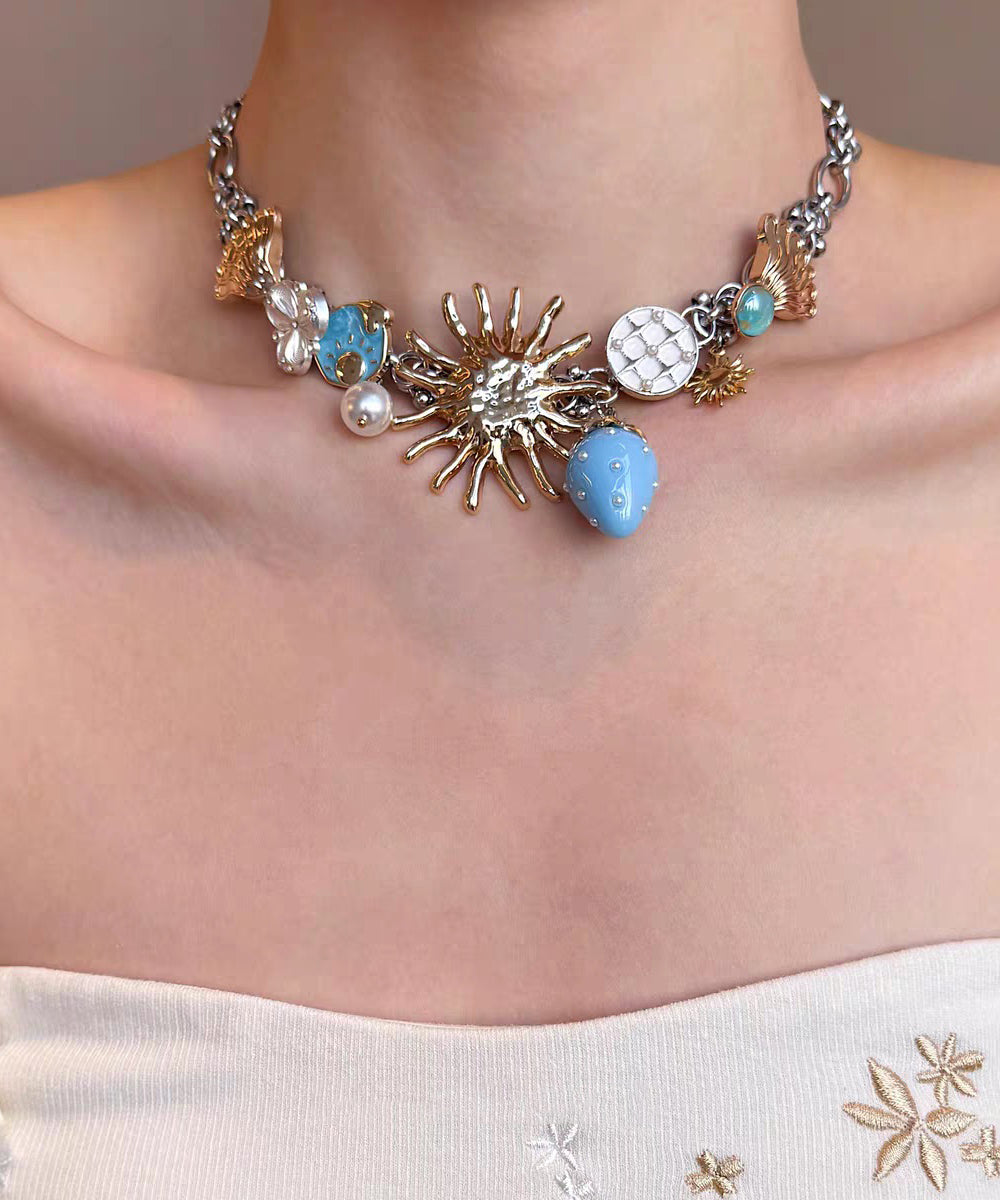 Original Blue Stainless Steel Strawberry Sun Pendant Necklace