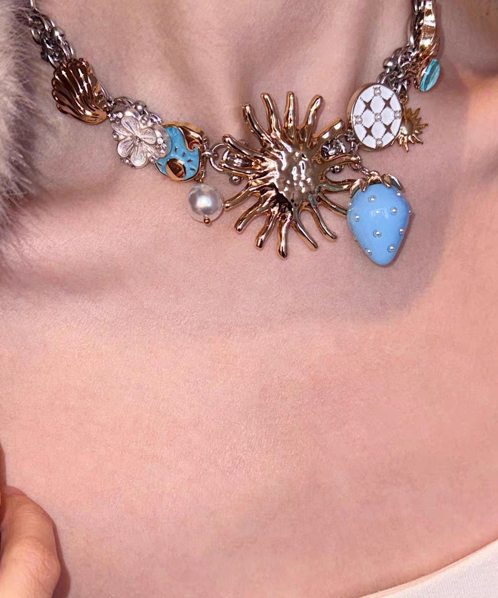 Original Blue Stainless Steel Strawberry Sun Pendant Necklace