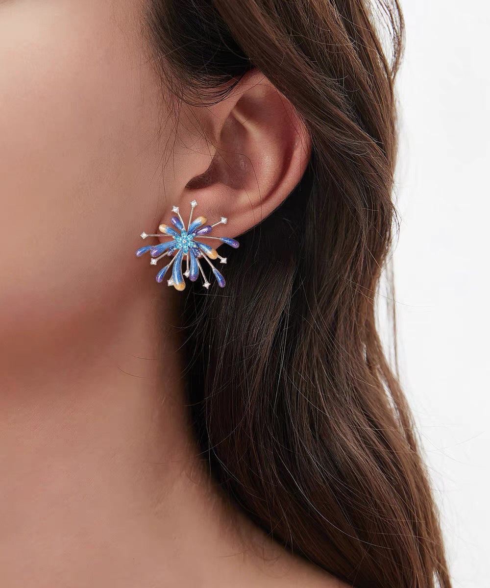Original Blue Sterling Silver Alloy Zircon Fireworks Stud Earrings