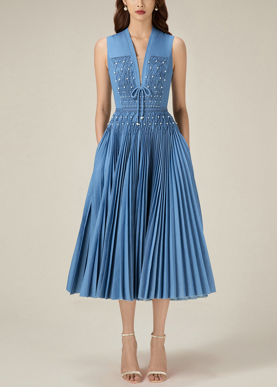 Original Blue V Neck Wrinkled Pearl Denim Long Dress Sleeveless