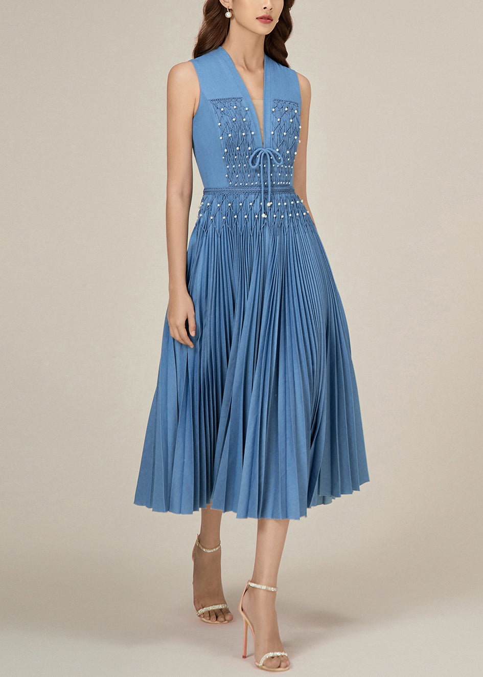 Original Blue V Neck Wrinkled Pearl Denim Long Dress Sleeveless