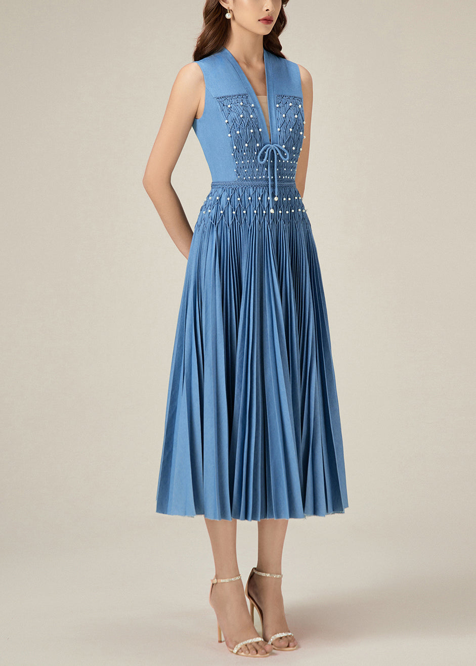 Original Blue V Neck Wrinkled Pearl Denim Long Dress Sleeveless