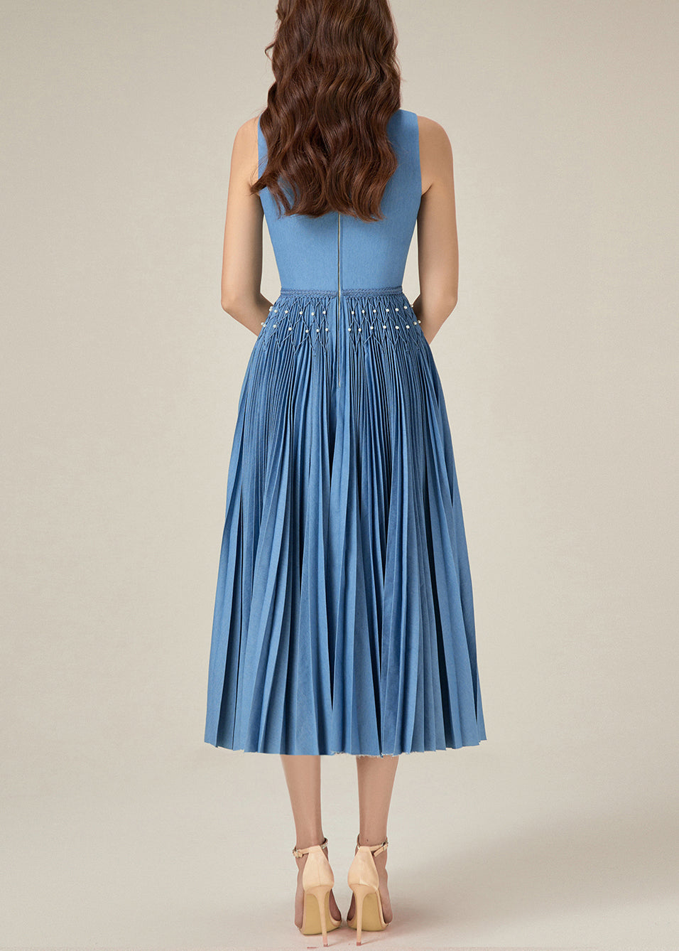 Original Blue V Neck Wrinkled Pearl Denim Long Dress Sleeveless