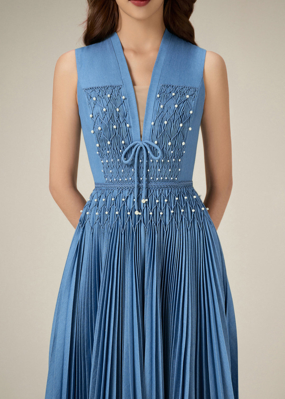 Original Blue V Neck Wrinkled Pearl Denim Long Dress Sleeveless