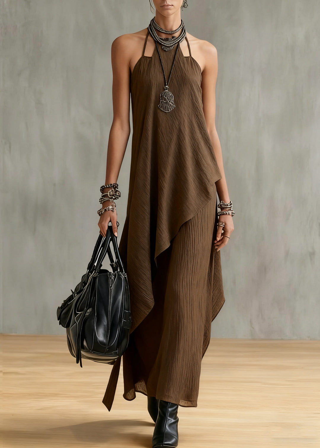 Original Coffee Asymmetrical Tops And Spaghetti Strap Dress Cotton Two Piece Set Sleeveless
