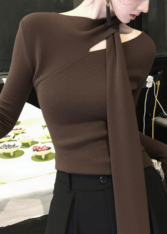 Original Coffee Bow Hollow Out Knit Sweater Fall