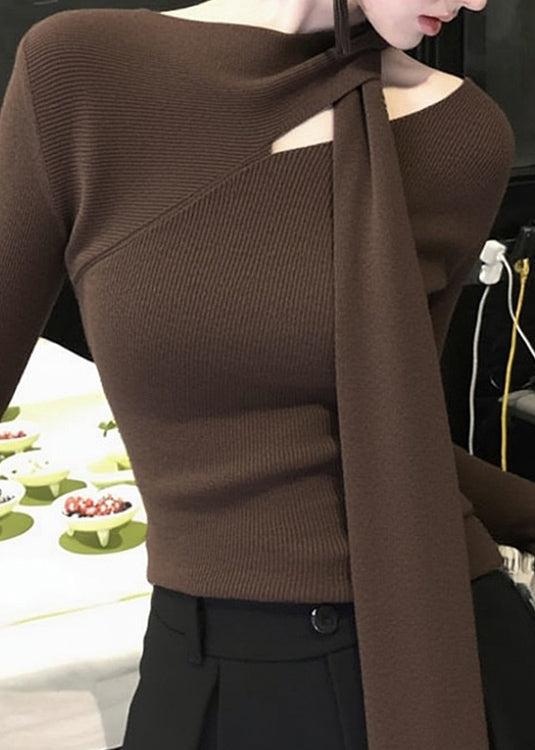 Original Coffee Bow Hollow Out Knit Sweater Fall