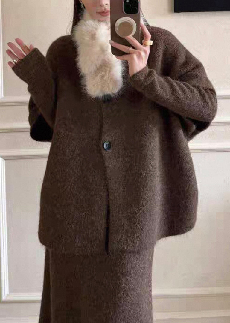 Original Coffee Fur Collar Solid Knit Three Piece Set Batwing Sleeve