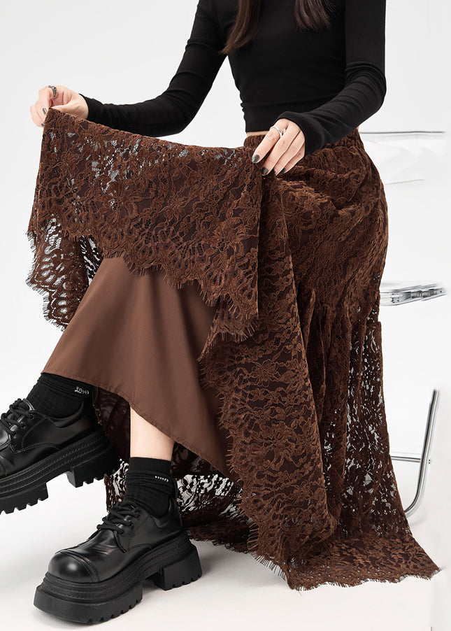 Original Coffee Hollow Out Patchwork Lace Skirts Fall