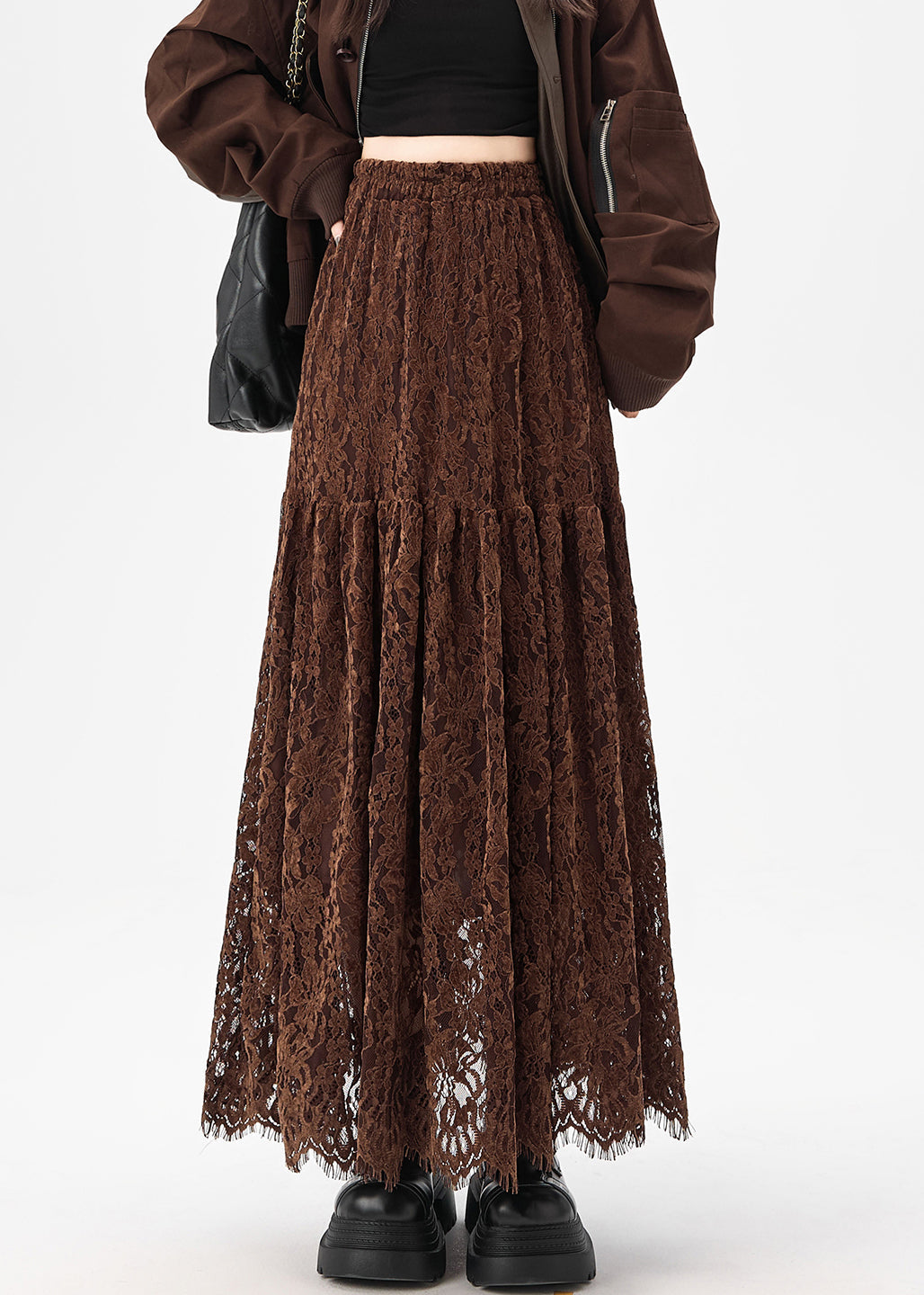 Original Coffee Hollow Out Patchwork Lace Skirts Fall