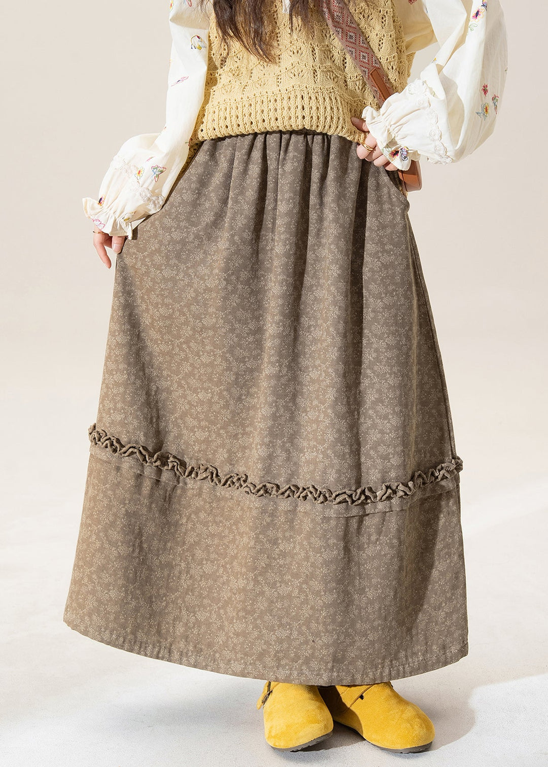 Original Coffee Ruffled Print Patchwork Cotton Skirt Winter