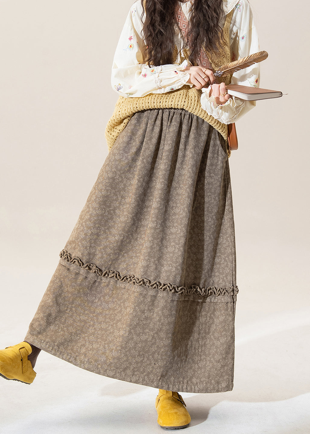 Original Coffee Ruffled Print Patchwork Cotton Skirt Winter