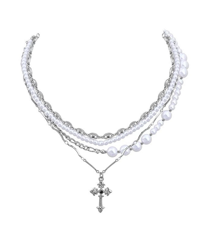 Original Colorblock Metal Zircon Layered Pearl Cross Gratuated Bead Necklace