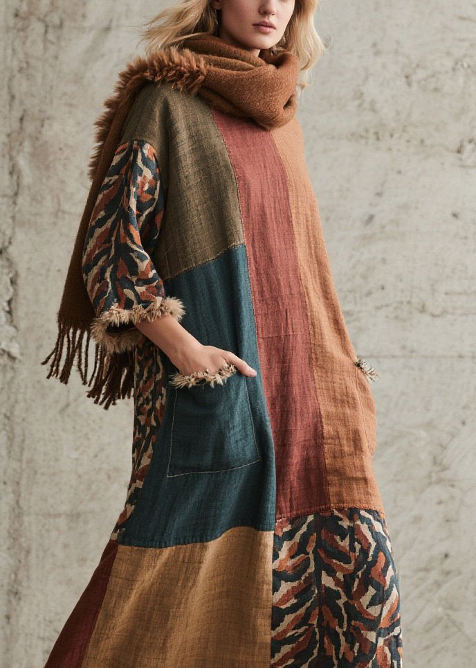 Original Colorblock Print Fuzzy Fur Patchwork Cotton Dresses Fall